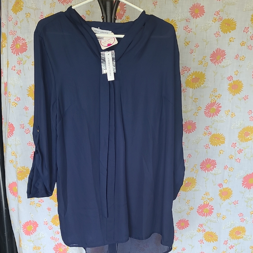 Chic Navy Blouse with Draped Neckline